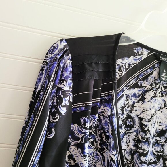 White House Black Market Top Womens 14 Black Blue Print Crossover Faux Wrap - Picture 5 of 9